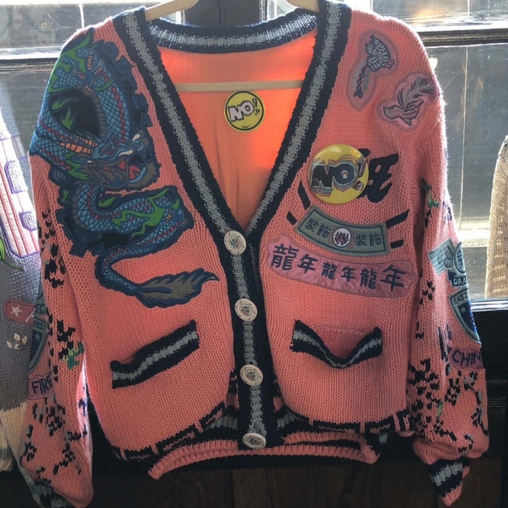 Embroidered Pink Cardigan with Dragon Design